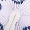 A round plastic paper fan featuring white and blue patterns with a white handle.