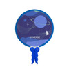 A foldable fan featuring a blue frame with a universe-themed design, including planets and rockets.