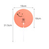 A custom-shaped transparent PVC hand fan in peach with a smiling face design and a white handle. Dimensions are 18cm by 31.5cm.