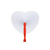 A heart-shaped plastic fan with a red handle and white, pleated fan section. Brand logo visible on the handle.