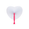 A heart-shaped plastic paper fan featuring a pink handle and white pleated paper design.