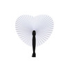 A heart-shaped plastic paper fan in white with a black handle, featuring pleated design.
