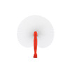 A peach-shaped plastic paper fan featuring a red handle and a white fan surface. It has a logo on the handle.