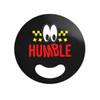 A custom-shaped black paper fan featuring cartoon eyes and the word "HUMBLE" in red.
