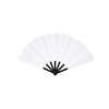 A plastic hand fan with black supports and white blades, fanned out for display. It features a logo on the handle.