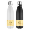 A drink bottle set featuring a white and a black vacuum drink bottle with a bamboo accent and a logo.
