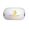 A light-blocking car sun shade in white with a yellow logo and outline. Features an oval shape with side handles.