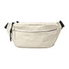 A large beige bum bag with a front zipper pocket and adjustable straps, featuring a logo.