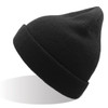 A black beanie made from recycled polyester, featuring a ribbed cuff and a pointed top.