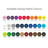 A colour swatch display featuring various canopy fabric colours, including pink, orange, green, red, and blue hues.