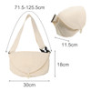 A beige crossbody bag with an adjustable strap, featuring a flap closure and a logo. Dimensions are 30cm x 18cm x 11.5cm.