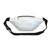 A holographic fanny pack in white with a black adjustable strap and a zippered front pocket.