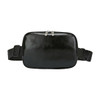 A black polyurethane fanny pack with a zip closure and a strap for adjustable wear. Features a logo.