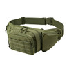 An olive green tactical fanny pack with multiple zippered compartments and a logo on it.
