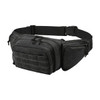 A black tactical fanny pack featuring multiple pockets and a textured front panel. It has an adjustable belt.