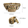 A tactical fanny pack in a camouflage pattern, featuring multiple compartments and adjustable straps. Measures 43.5cm wide.