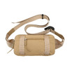 A beige travel fanny pack with a zippered front pocket and an adjustable strap. It features a simple logo.