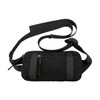 A black travel fanny pack with adjustable straps and a front zipper pocket. It features a logo on the material.