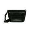 A black PVC crossbody phone bag with a strap and a front pocket. It features a transparent section for identification.