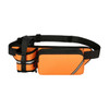 An orange fanny pack with a black adjustable strap and a side bottle holder, featuring reflective accents.