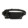 A black fanny pack with a bottle holder, featuring a zippered compartment and adjustable strap. Includes reflective details.
