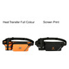 A drink bottle holder in orange and black fanny packs with an adjustable strap and a logo on each.