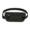 A black fanny pack features multiple zippered compartments and a breathable strap. It includes a logo on the side.