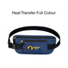 A navy waist bag features an adjustable strap and a front zippered pocket with a logo. It has RFID blocking technology.