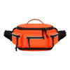 An orange and black expandable bum bag with multiple zippered pockets and a top handle.