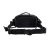 A black expandable bum bag with adjustable straps and a handle, featuring a front zip pocket and branding.