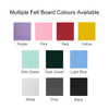 A grid of felt board samples in purple, pink, red, yellow, mint green, dark green, light blue, white, grey, and black.