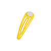A yellow hair clip with a smooth circular feature at one end and slotted design for styling. Includes a logo.