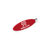 An oval acrylic hair clip in red with a silver clasp, featuring a logo on the surface.