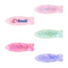 Four iridescent fish-shaped hair clips in pink, green, and blue hues, featuring a logo on one clip.