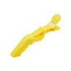 A yellow anti-slip positioning alligator clip with a textured grip and a logo on its surface.