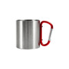 A stainless steel insulated travel mug with a shiny finish and a red carabiner handle. Includes a logo.