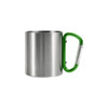 A stainless steel insulated travel mug featuring a green carabiner handle, with a smooth, shiny finish.