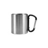 A stainless steel insulated travel mug in silver with a black carabiner handle. Features branding on the surface.