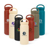 A drink bottle collection featuring 350ML and 500ML double wall stainless steel options in various colours with handles and logos.