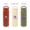 A drink bottle trio in red, cream, and olive green, featuring handles and various branding options.
