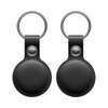 A black tracking tag with a keyring attachment, featuring a smooth circular design and a branding logo.