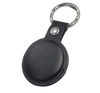 A black tracking tag with a leather-like case and metal keyring attachment.