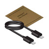 A black charging cable with USB-C connectors, accompanied by a brown user manual.