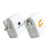 A white universal travel adapter with four ports and a logo on one side, featuring a compact design.
