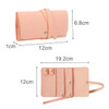 A synthetic leather jewellery bag in a soft pink colour, featuring a strap and multiple compartments for accessories.
