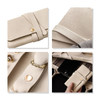 A synthetic leather jewellery bag in beige, featuring a secure fastening and internal pockets for organisation.