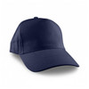 A navy blue cap with a structured design and a curved brim, featuring a logo on the front.