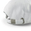 A white cap with a metal clasp at the back and a textured fabric finish. It features a branding logo.