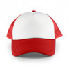 A white front trucker cap with red mesh sides and a red visor. It features a logo on the front.