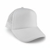 A white classic 5-panel trucker mesh cap with a solid front and mesh sides, featuring a logo.